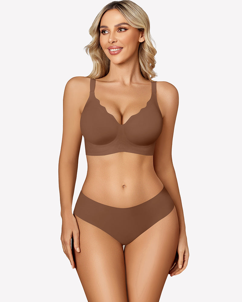Seamless wireless push-up bra, dark brown, scoop neckline and wide underband
