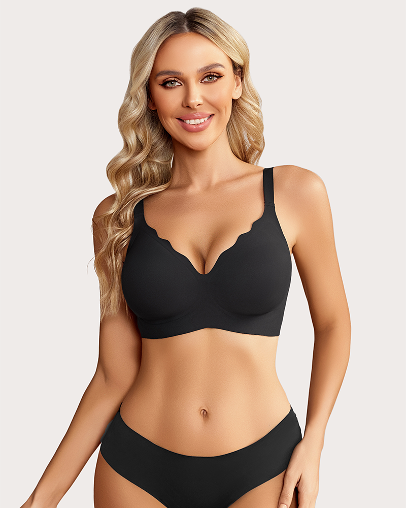 Black seamless wireless push-up bralette bra with scalloped plunge cups and wide straps.