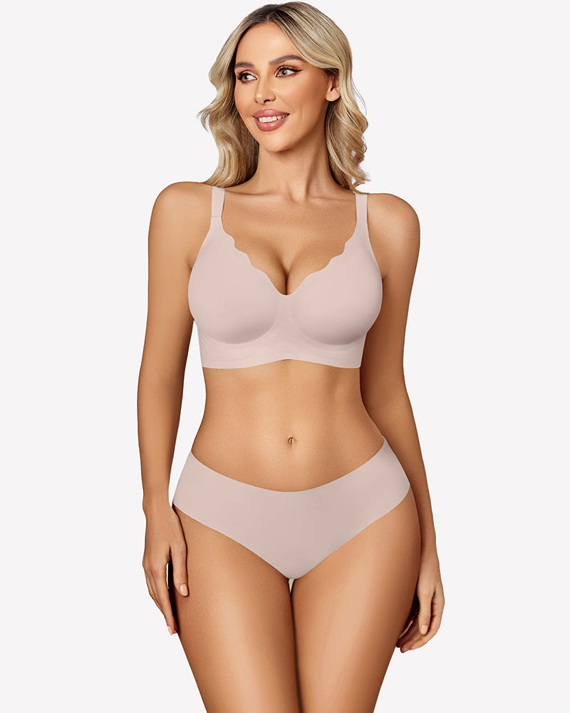 Seamless wireless push-up bra, light nude, scalloped scoop cups and smooth band