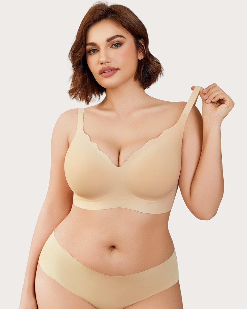 Nude seamless wireless push-up bralette bra with scalloped plunge neckline and cups.