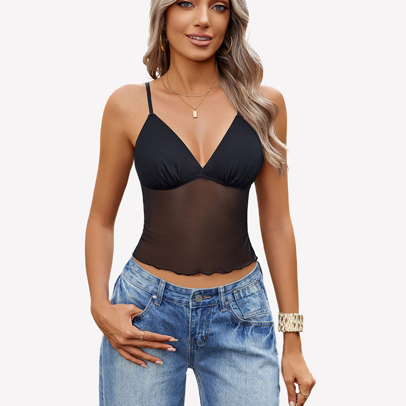 Black mesh crop top with adjustable straps, perfect for a fashionable and sexy summer outfit.