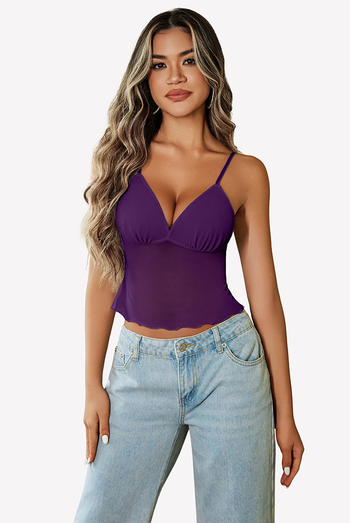 Purple mesh crop top with adjustable straps, Y2K summer fashion, paired with high-waisted jeans