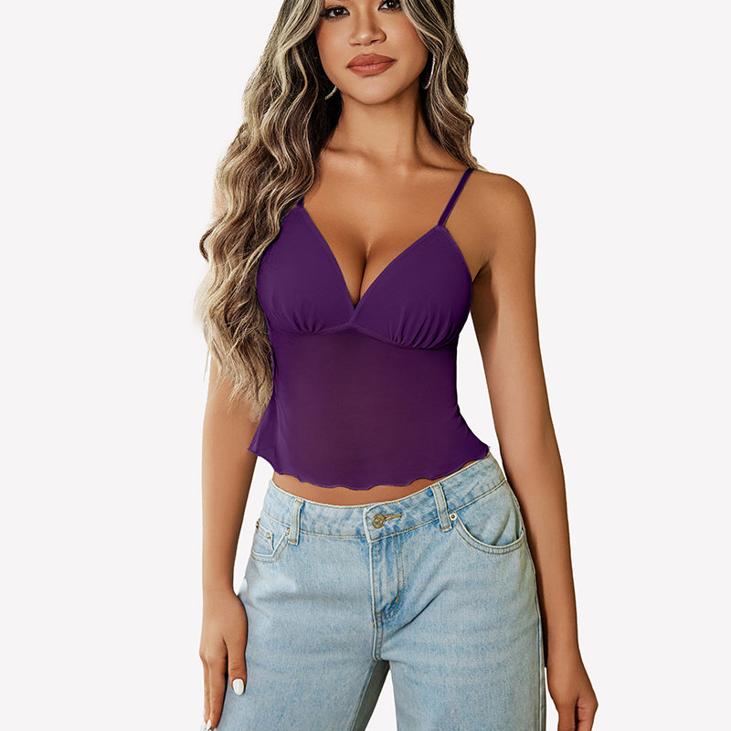Purple mesh crop top with adjustable straps, Y2K summer fashion, paired with high-waisted jeans