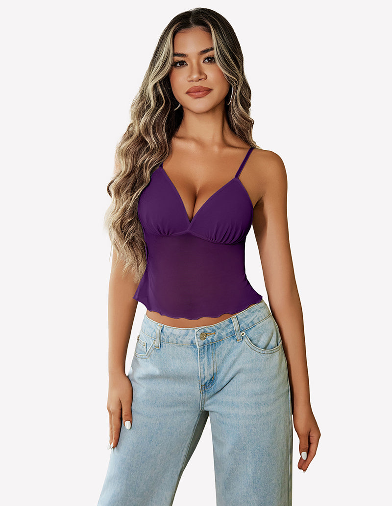 Purple mesh crop top with adjustable straps, Y2K summer fashion, paired with high-waisted jeans