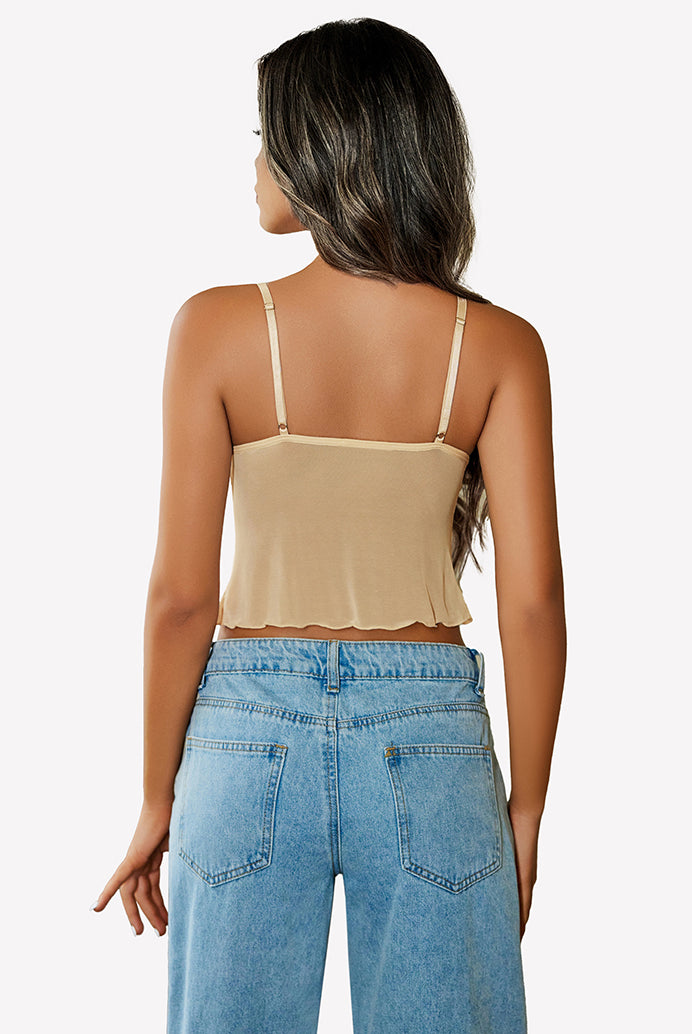 Beige mesh Y2K crop top with adjustable straps. Comfortable and trendy summer tank top.