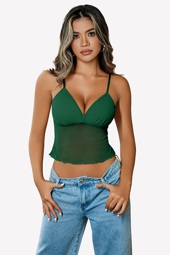 Green mesh crop top with adjustable straps, Y2K summer fashion, paired with high-waisted jeans