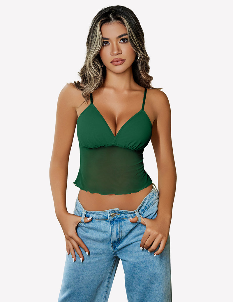 Green mesh crop top with adjustable straps, Y2K summer fashion, paired with high-waisted jeans