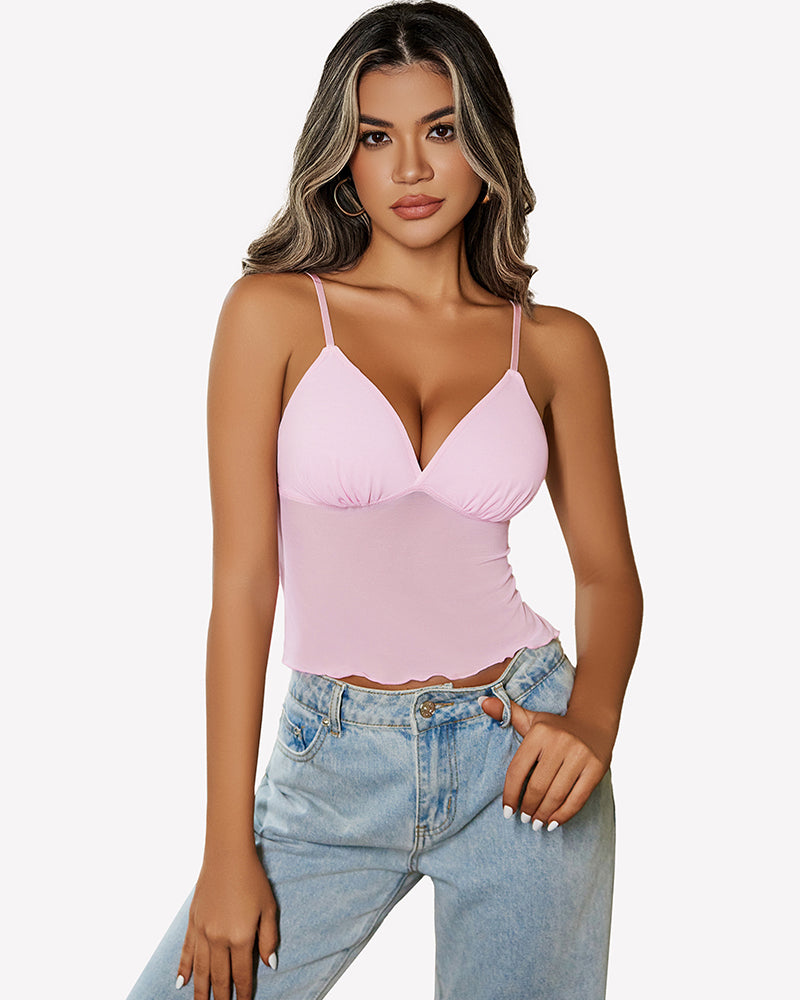 Pink mesh crop tank with V-neck triangle cups and thin spaghetti straps