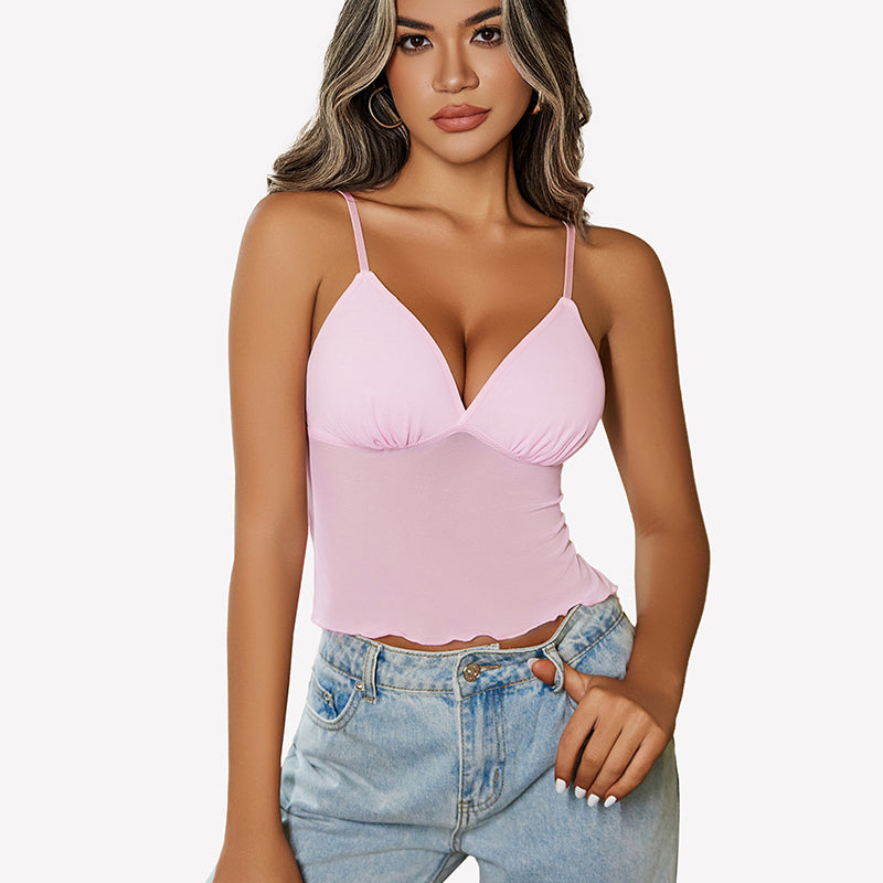 Pink mesh crop top with adjustable straps, Y2K summer fashion, sexy and charming