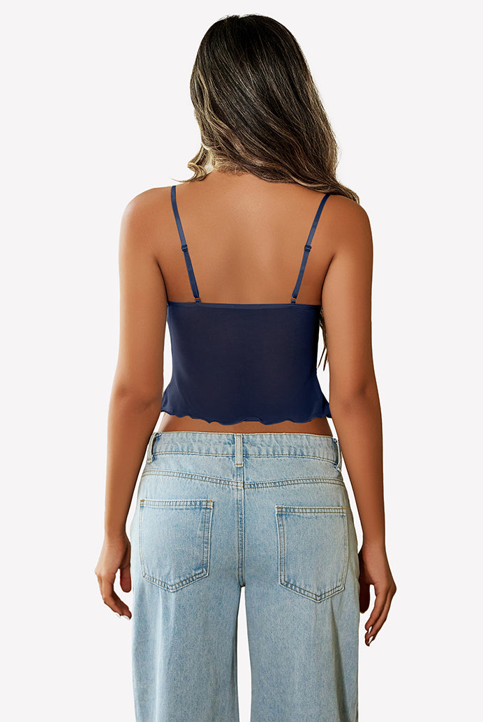 Navy blue mesh Y2K crop top with adjustable straps. Trendy summer tank top.
