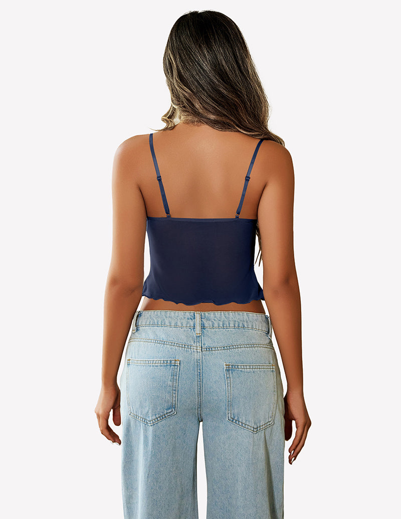 Navy blue mesh Y2K crop top with adjustable straps. Trendy summer tank top.