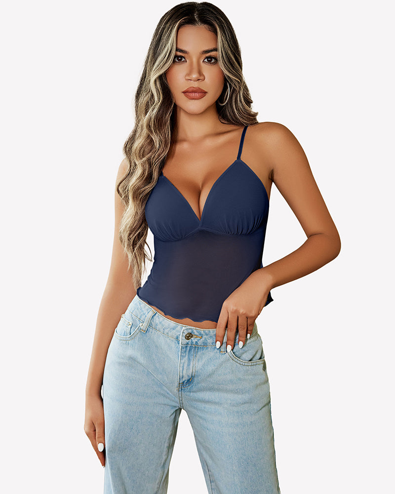 Navy mesh crop tank top with spaghetti straps and V-neckline front