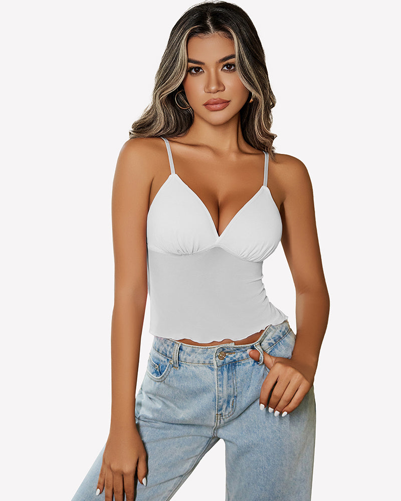 White mesh crop tank top with spaghetti straps and V-neckline front