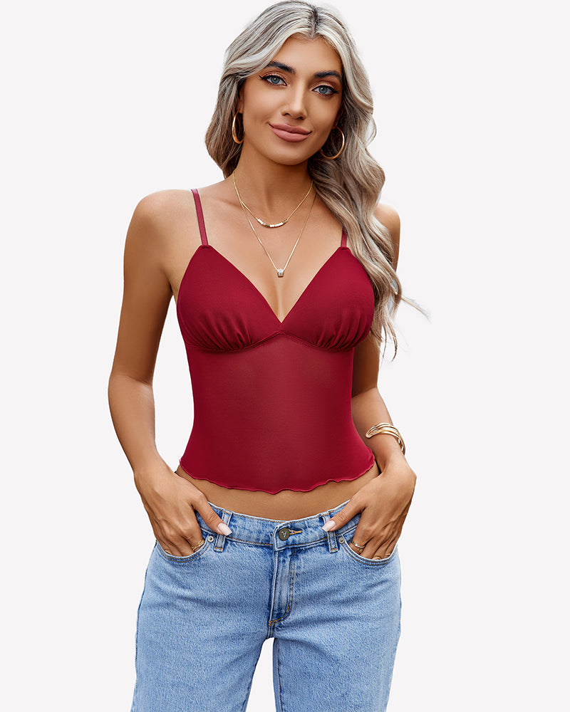 Burgundy V-neck spaghetti strap crop cami top