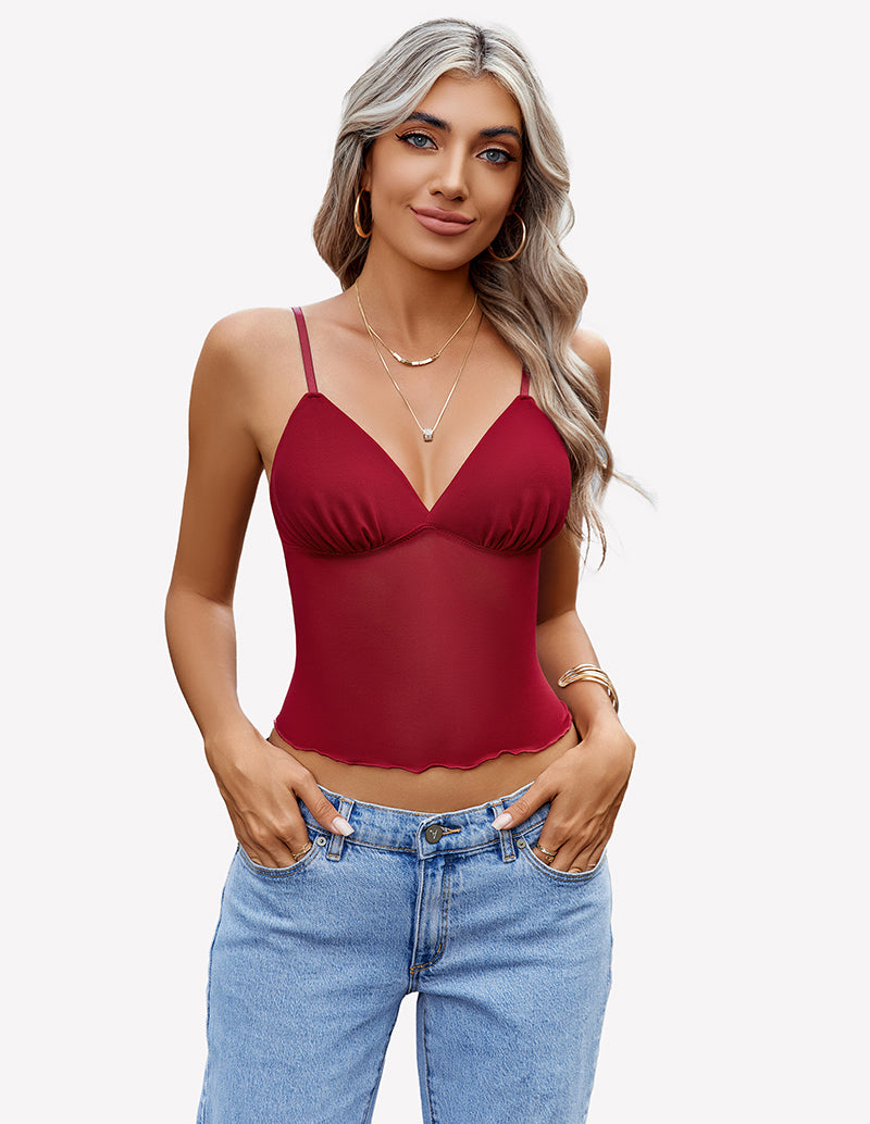 Burgundy mesh crop top with adjustable straps and jeans. Y2K summer fashion.