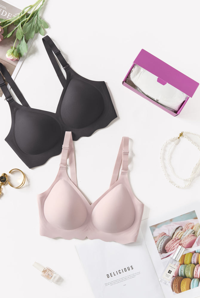 Black and pink wireless bralette bras with V-neck and petal edge design