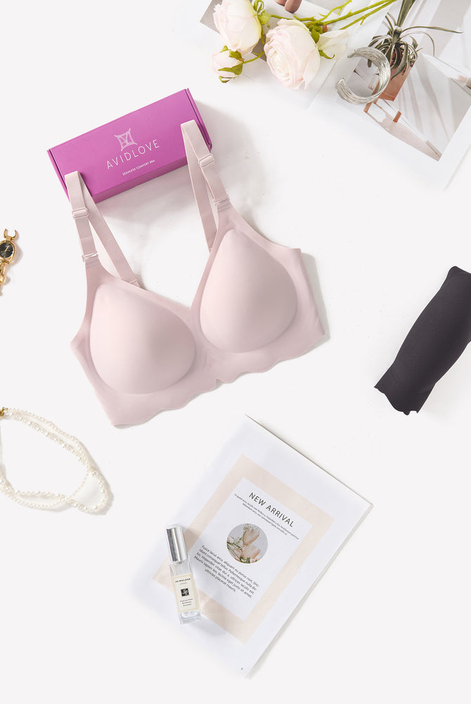 Light pink Avidlove wireless bralette with V-neck and petal edge design, comfortable and stylish.