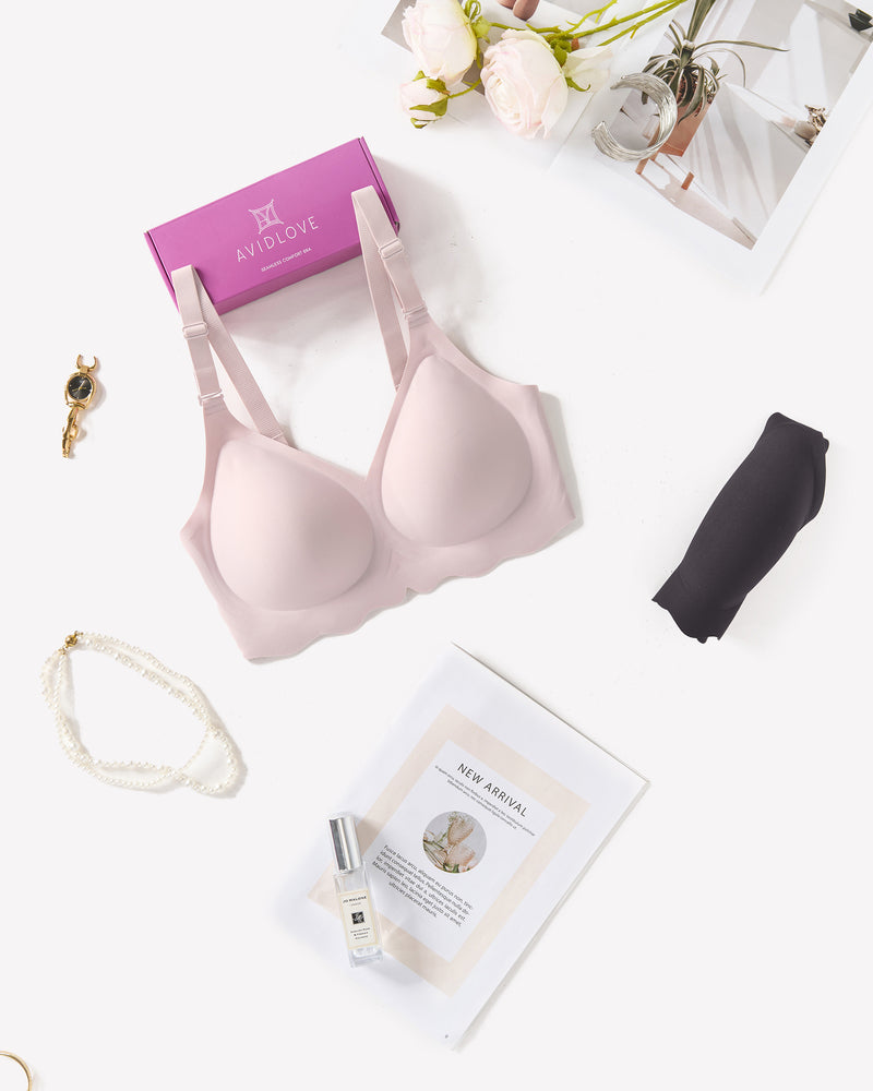 Light pink Avidlove wireless bralette with V-neck and petal edge design, comfortable and stylish.