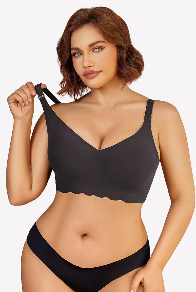 Black wireless bralette bra with V-neck and petal edge design, paired with a matching black panty.