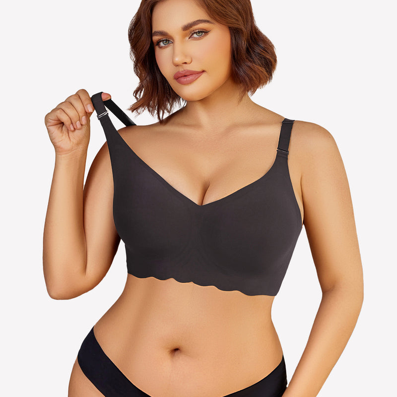 Black wireless bralette bra with V-neck and petal edge design, paired with a matching black panty.