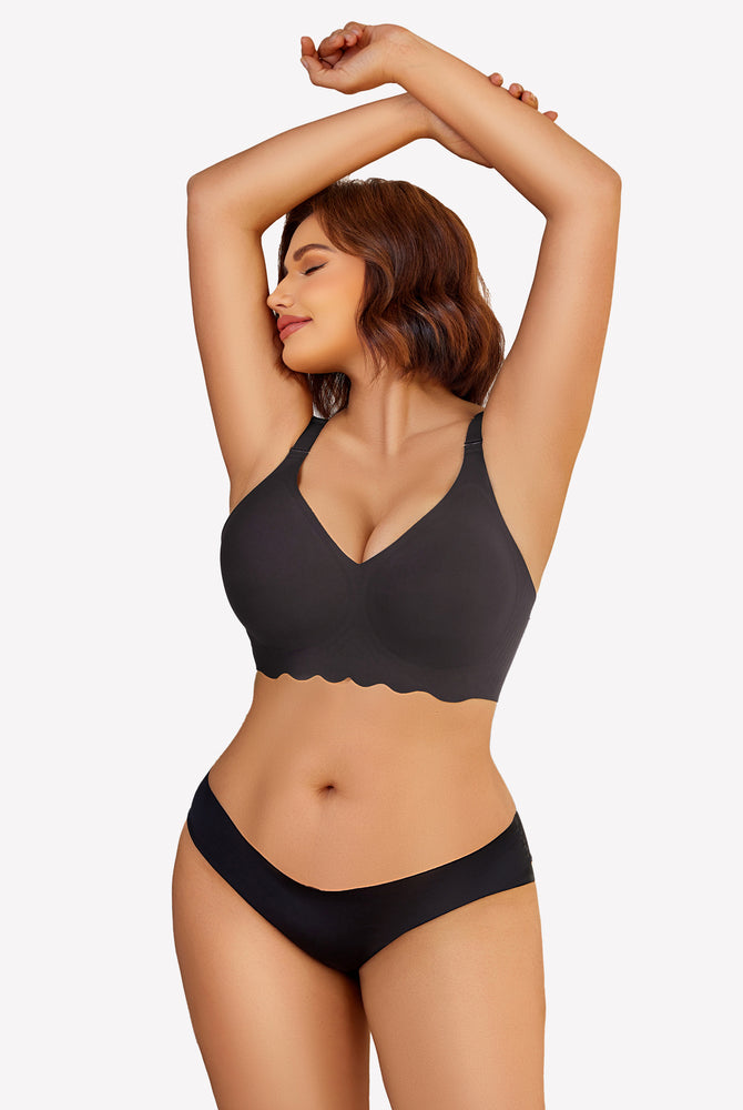 Black wireless bralette bra with V-neck and petal edge design, matching black panty.