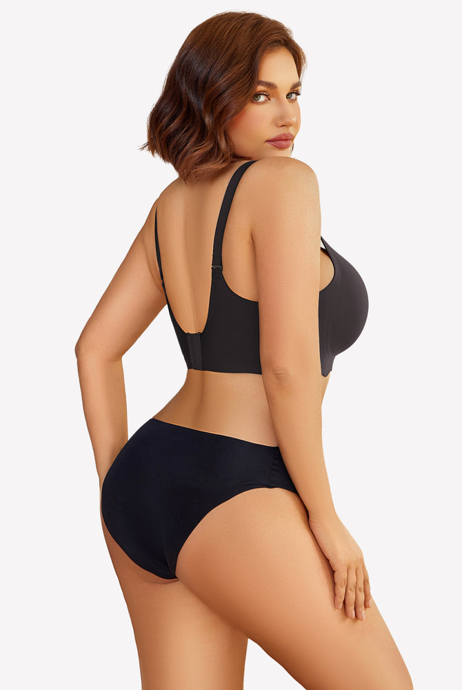 Black wireless bralette bra and panty set, adjustable straps, comfortable design for everyday wear.