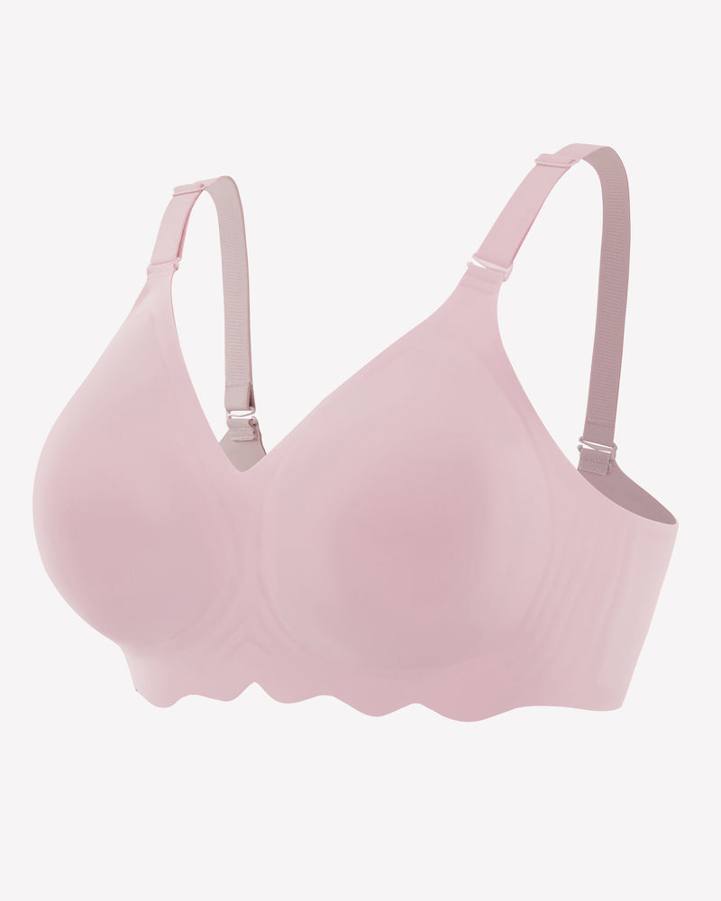 Pink seamless wireless bralette with adjustable straps and petal edge design.