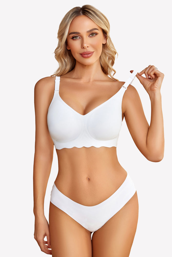 White wireless bralette and panty set, V-neck, petal edge design, adjustable straps.