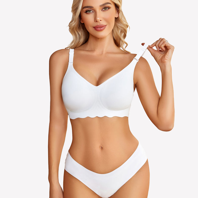 White wireless bralette and panty set, V-neck, petal edge design, adjustable straps.