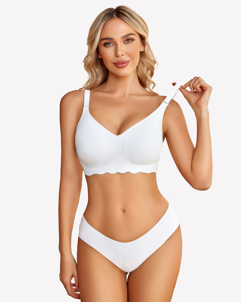 White wireless bralette and panty set, V-neck, petal edge design, adjustable straps.