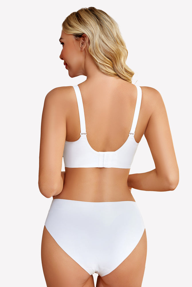White wireless bralette bra and panty set, adjustable straps, comfortable design for everyday wear.