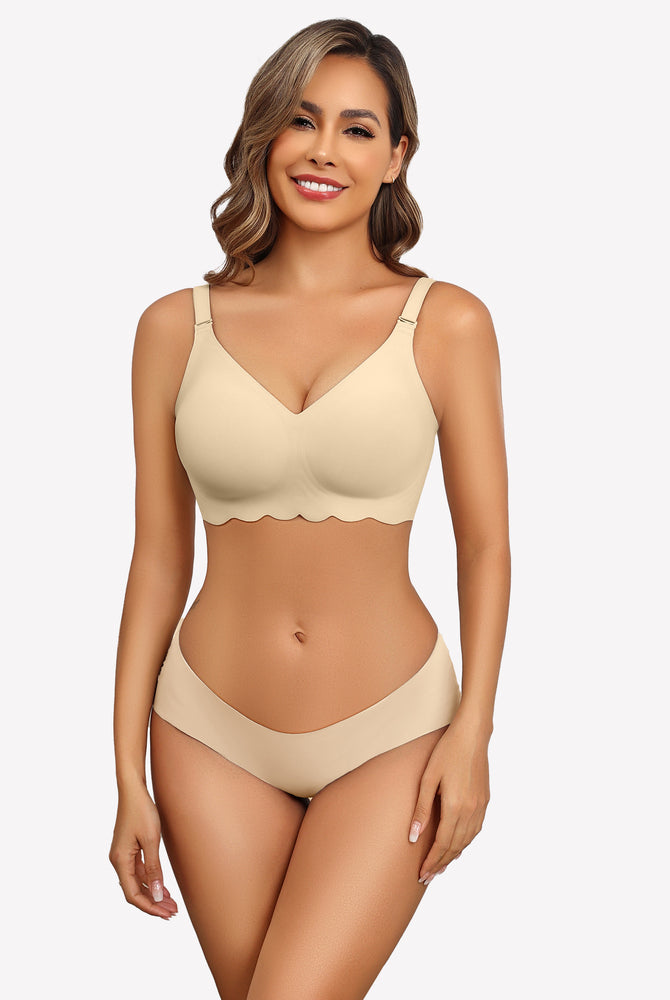 Beige wireless bralette bra and panty set, V-neck, petal edge design, comfortable lingerie.