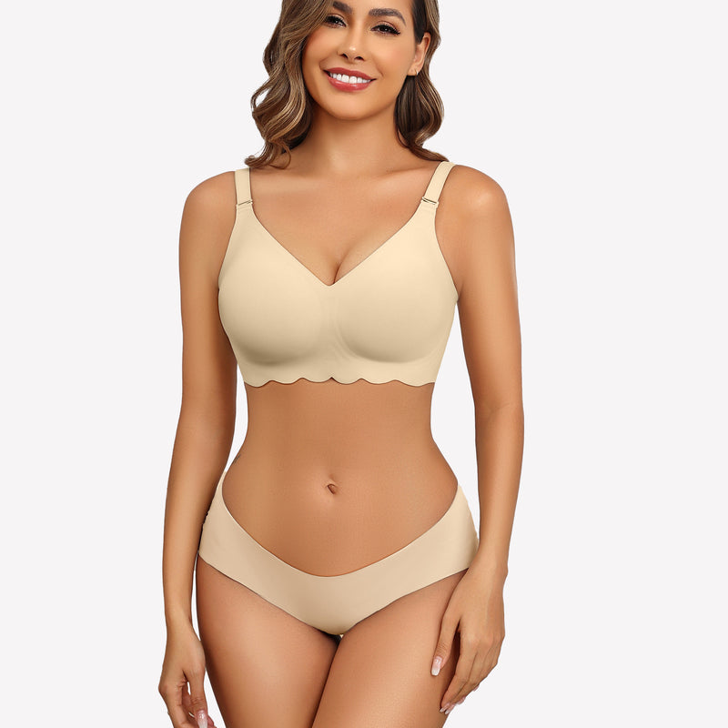 Beige wireless bralette bra and panty set, V-neck, petal edge design, comfortable lingerie.