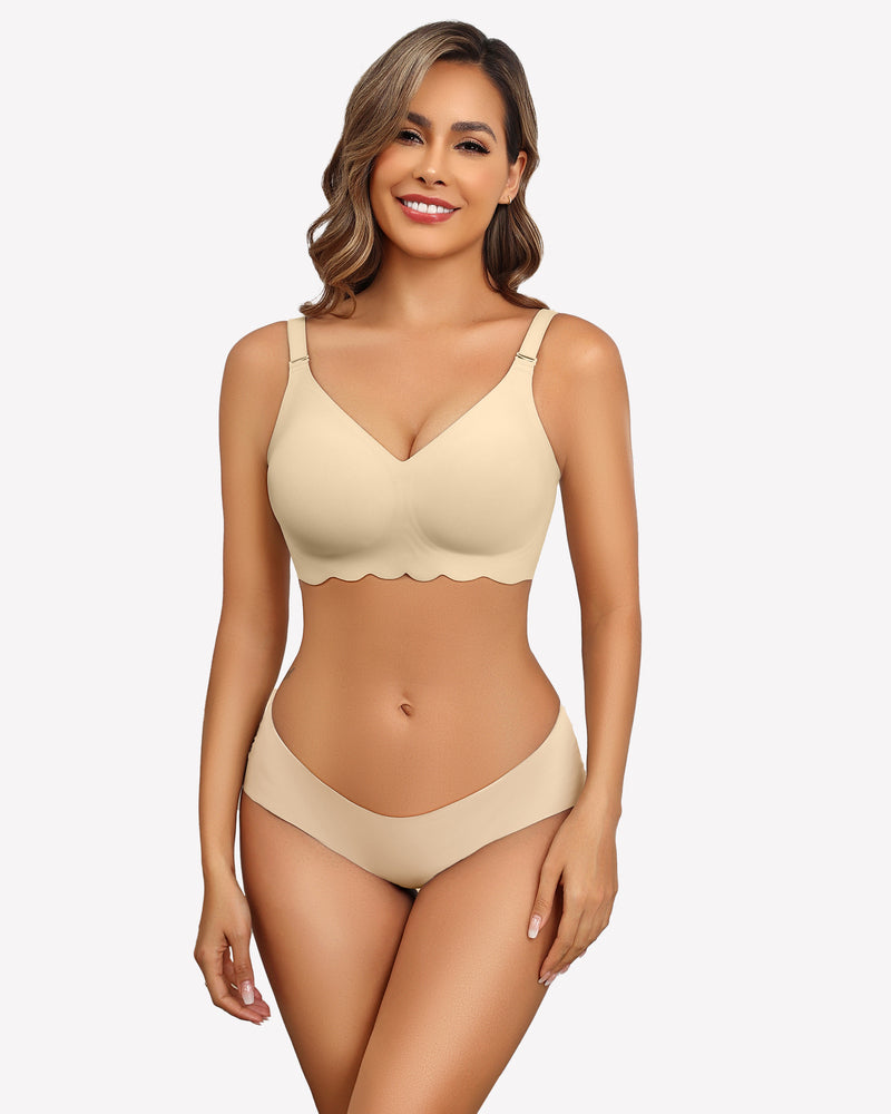Beige wireless bralette bra and panty set, V-neck, petal edge design, comfortable lingerie.
