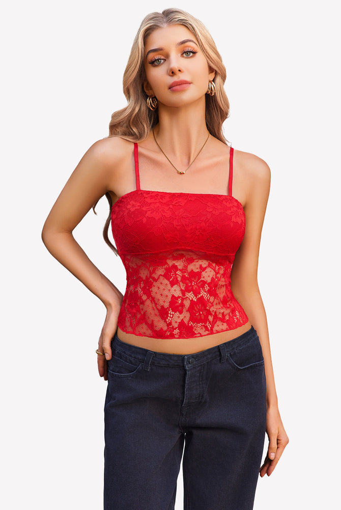 Red lace cami top with thin straps, Y2K style, paired with dark-wash jeans. Perfect for going out.