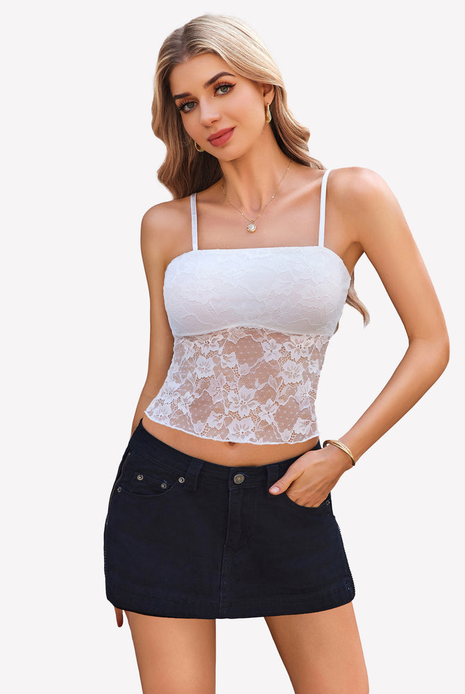 White lace cami top with thin straps and dark denim mini skirt. Y2K style camisole top.