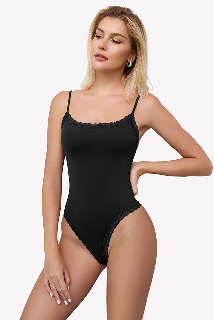 Black lace bodysuit tank top, square neck, spaghetti straps, Avidlove lingerie