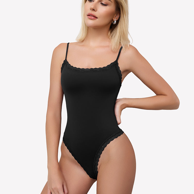 Black lace bodysuit tank top, square neck, spaghetti straps, Avidlove lingerie