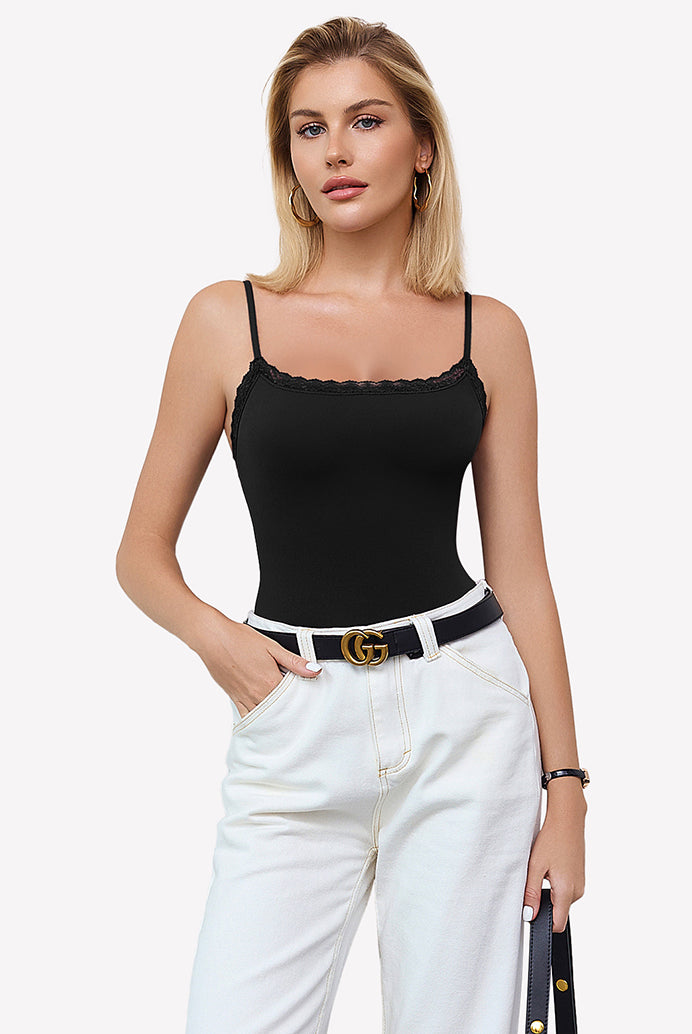 Black lace bodysuit tank top with square neck and spaghetti straps, Avidlove lingerie.