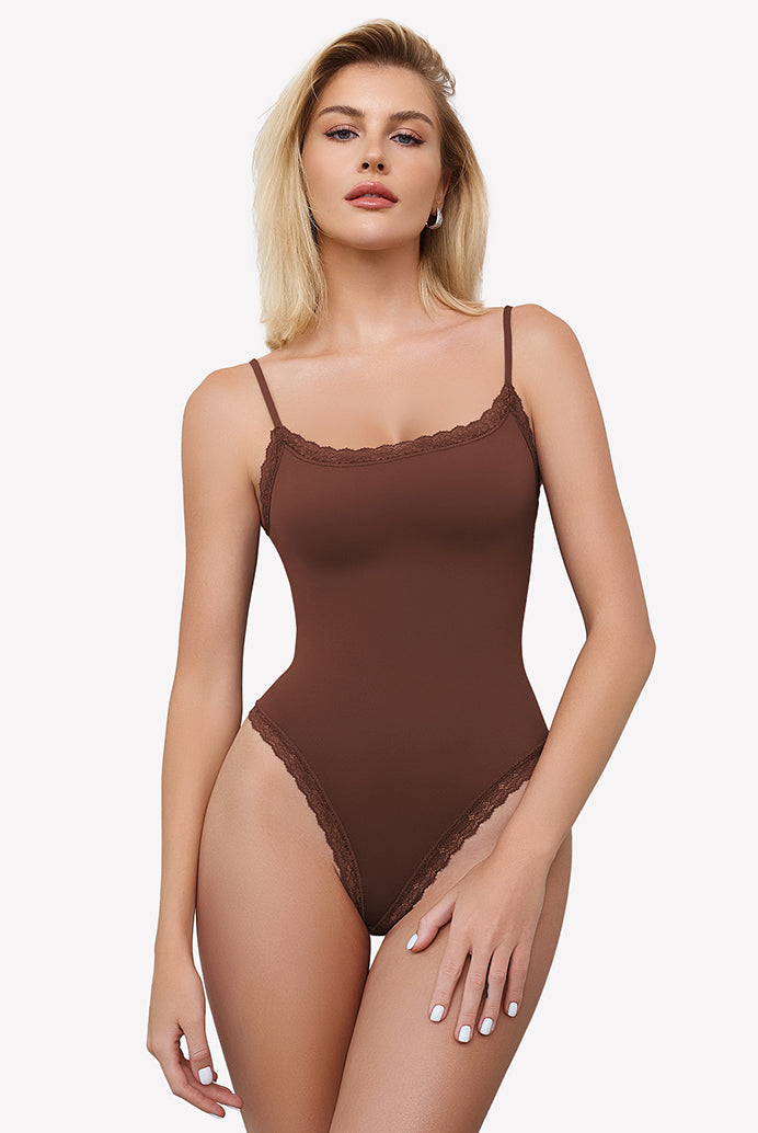 Brown square neck lace bodysuit with lace trim, Avidlove lingerie, highlighting the collarbone.