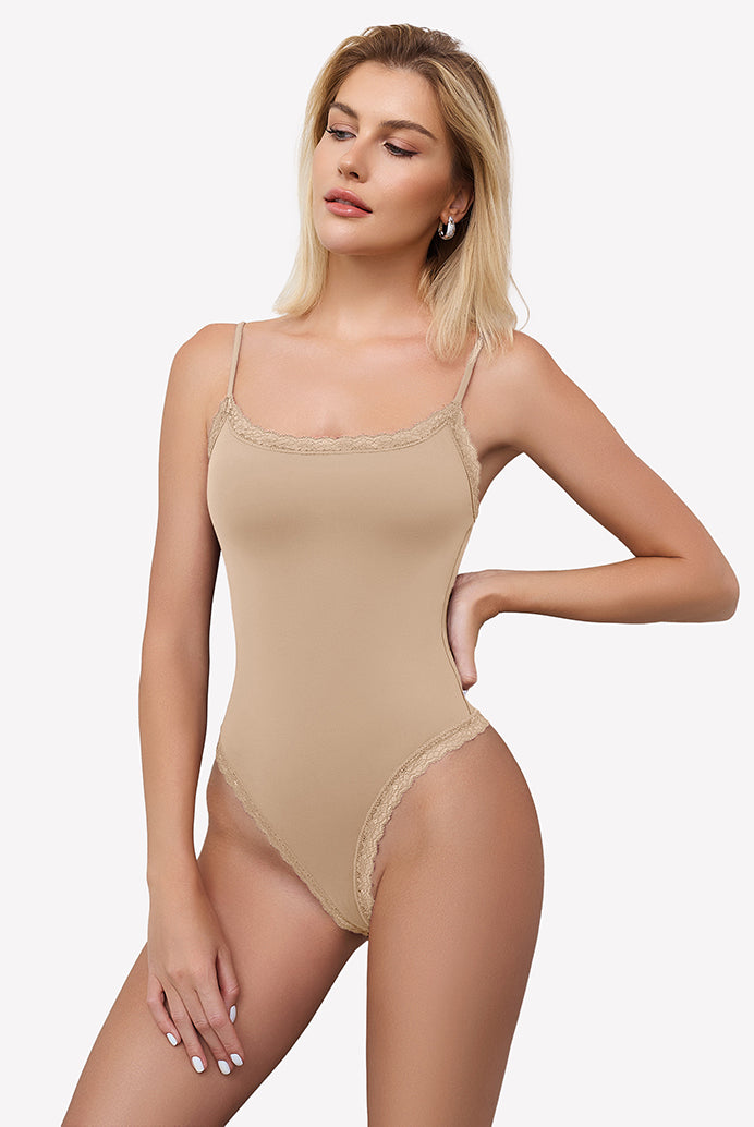 Beige lace bodysuit tank top with square neck and spaghetti straps, Avidlove lingerie.