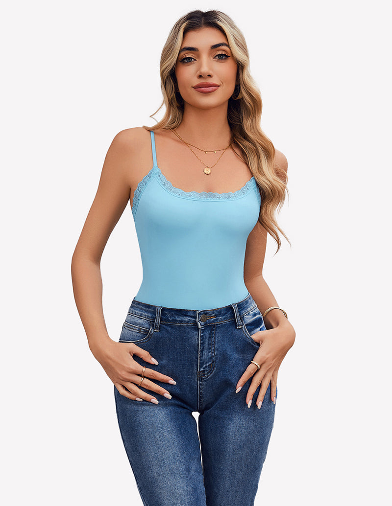 Light blue square neck lace bodysuit tank top with spaghetti straps and lace trim, Avidlove lingerie