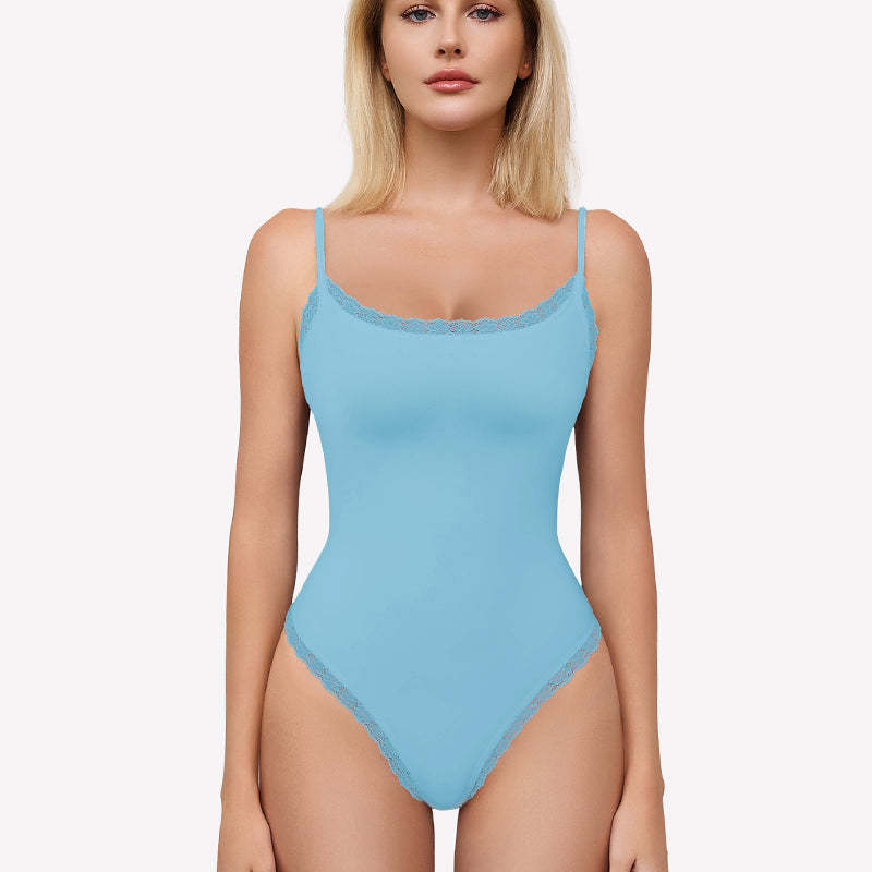 Avidlove light blue square neck lace bodysuit tank top with spaghetti straps and lace trim