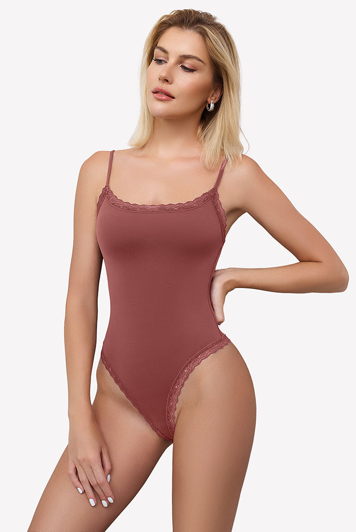 Dusty rose square neck lace bodysuit with spaghetti straps, Avidlove lingerie