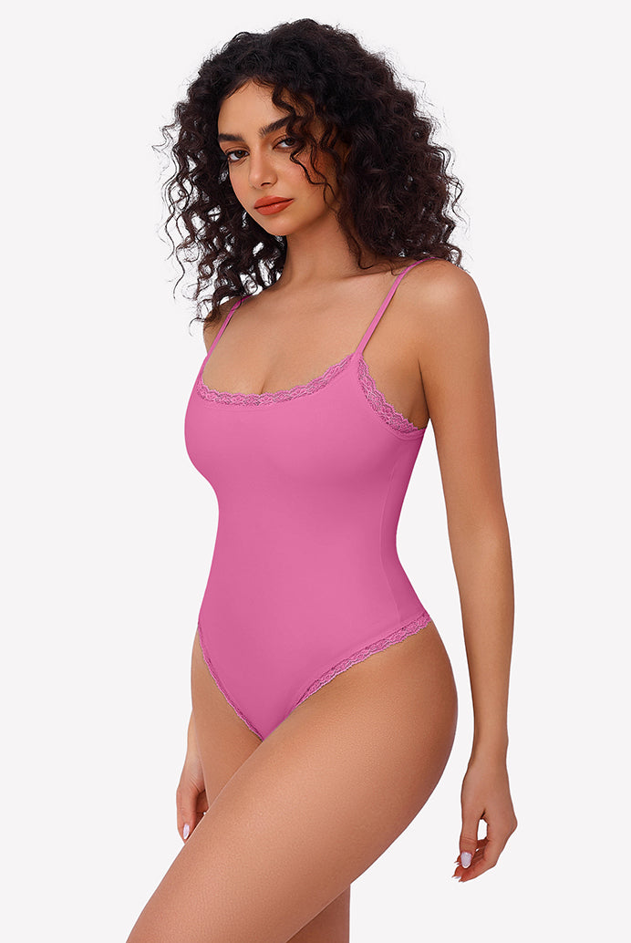 Avidlove pink square neck lace bodysuit with spaghetti straps and lace trim