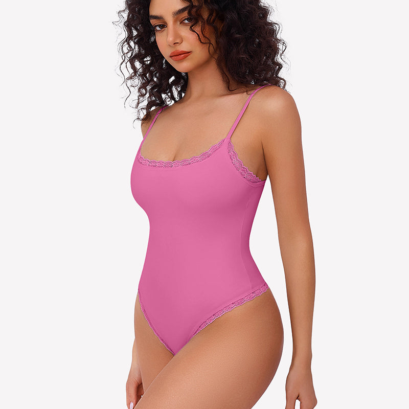 Avidlove pink square neck lace bodysuit with spaghetti straps and lace trim