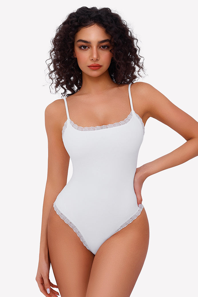 White lace bodysuit tank top with square neck and spaghetti straps, Avidlove lingerie.