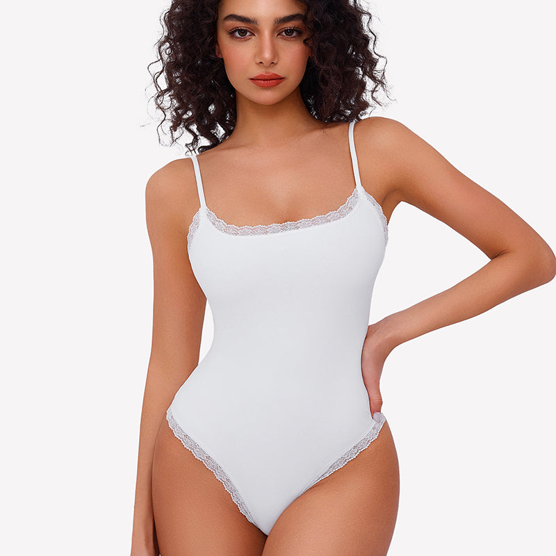 White lace bodysuit tank top with square neck and spaghetti straps, Avidlove lingerie.