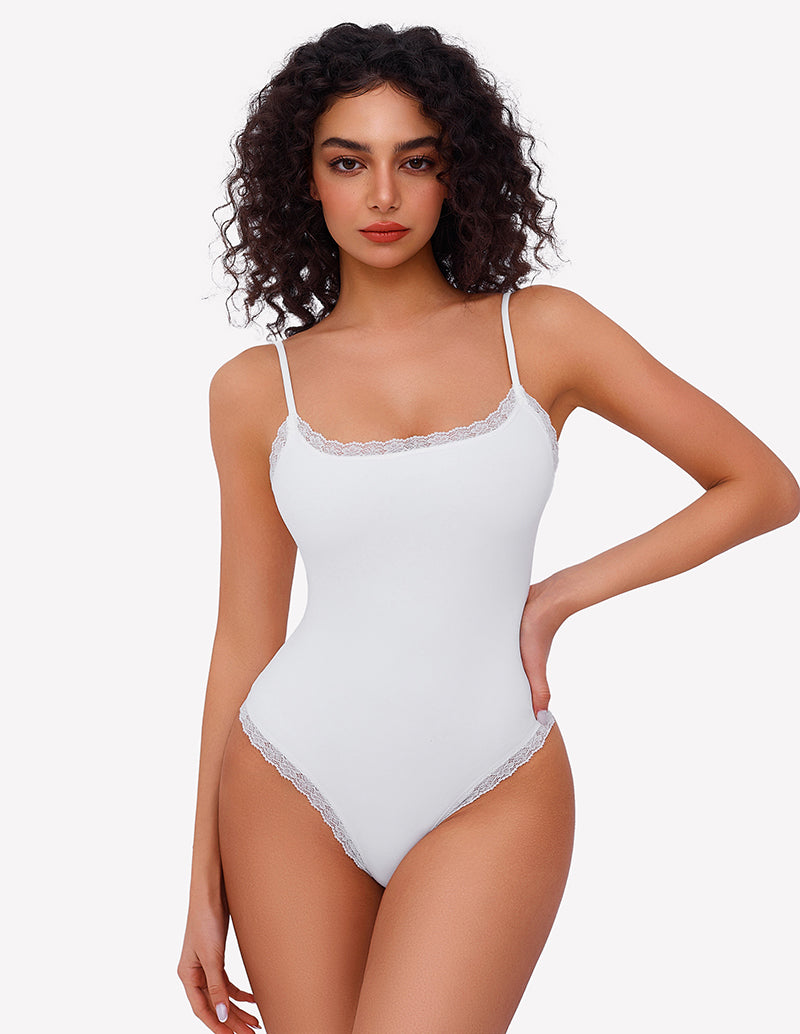 White lace bodysuit tank top with square neck and spaghetti straps, Avidlove lingerie.