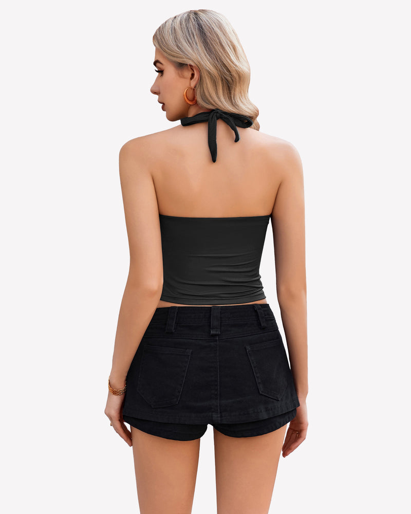 Black halter crop top with backless design, perfect for going out, paired with black denim shorts